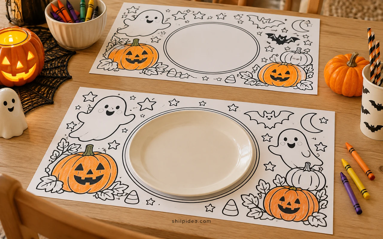 Concept illustration of Halloween coloring placemats with friendly outlined pumpkins and ghosts beside crayons and a plate.