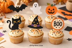 Concept illustration of cupcakes decorated with paper bat, ghost, pumpkin, cat, witch-hat and BOO toppers.