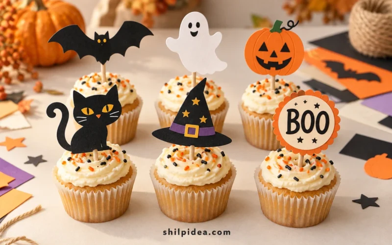 Concept illustration of cupcakes decorated with paper bat, ghost, pumpkin, cat, witch-hat and BOO toppers.