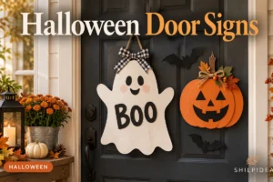 Illustrated paper ghost and pumpkin signs on a dark Halloween doorway.