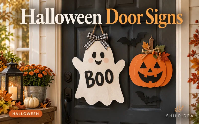 Illustrated paper ghost and pumpkin signs on a dark Halloween doorway.
