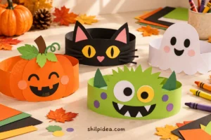 Concept illustration of pumpkin, cat, ghost and green monster paper crowns on a craft table.