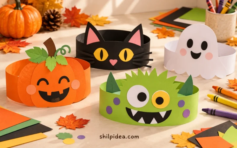 Concept illustration of pumpkin, cat, ghost and green monster paper crowns on a craft table.