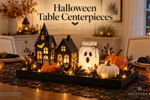 Illustrative Halloween table tray with glowing paper houses, a ghost jar, pumpkins and LED fairy lights.