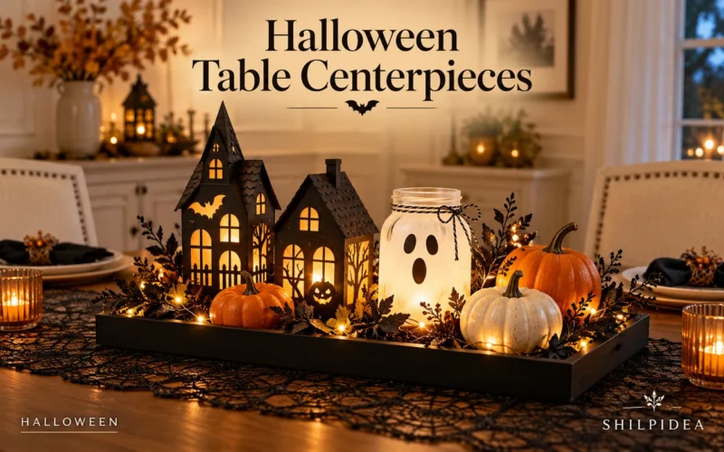 Illustrative Halloween table tray with glowing paper houses, a ghost jar, pumpkins and LED fairy lights.