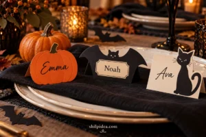 Concept illustration of pumpkin, bat and cat place cards with guest names on a Halloween dinner table.