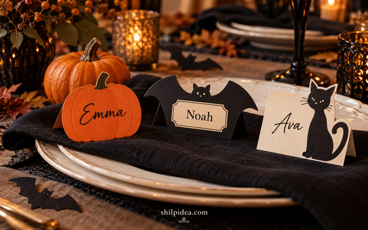 Concept illustration of pumpkin, bat and cat place cards with guest names on a Halloween dinner table.