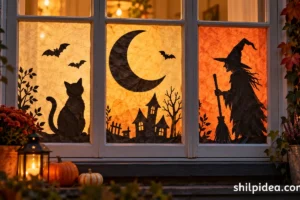 Illustration of a Halloween window with black cat, witch, bat, and haunted-house silhouettes.