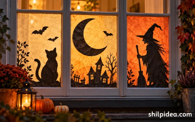 Illustration of a Halloween window with black cat, witch, bat, and haunted-house silhouettes.