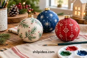 Illustrative hand-painted Christmas ornaments with dots, leaves and colorful stripes
