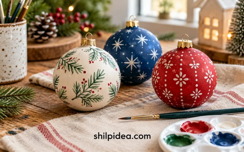 Illustrative hand-painted Christmas ornaments with dots, leaves and colorful stripes