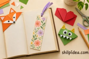 Illustrative handmade paper bookmarks including a fox, a heart, a floral ribbon bookmark and a green monster beside an open book.