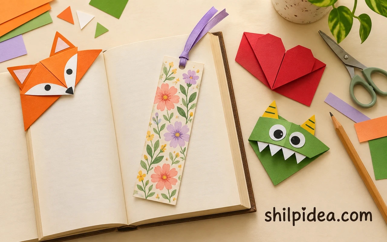Illustrative handmade paper bookmarks including a fox, a heart, a floral ribbon bookmark and a green monster beside an open book.