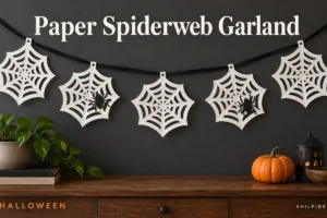 Illustrative white paper spiderweb garland hanging on black ribbon against a dark wall.