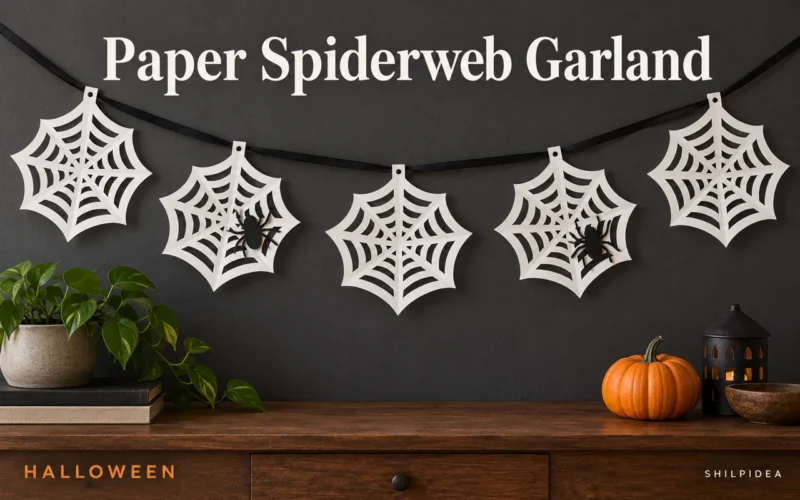 Illustrative white paper spiderweb garland hanging on black ribbon against a dark wall.