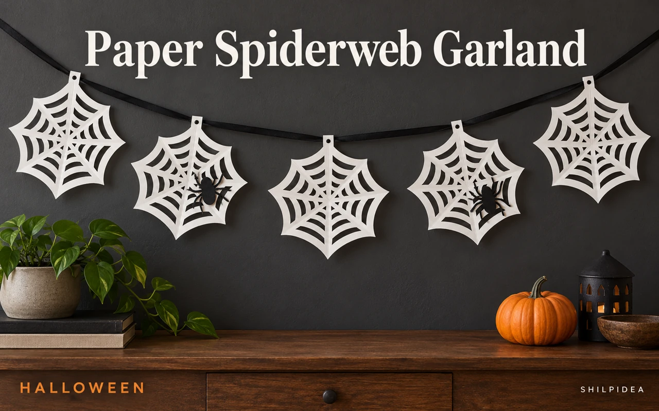 Illustrative white paper spiderweb garland hanging on black ribbon against a dark wall.