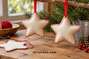 Illustrative hand-stitched felt star ornaments with ribbon loops