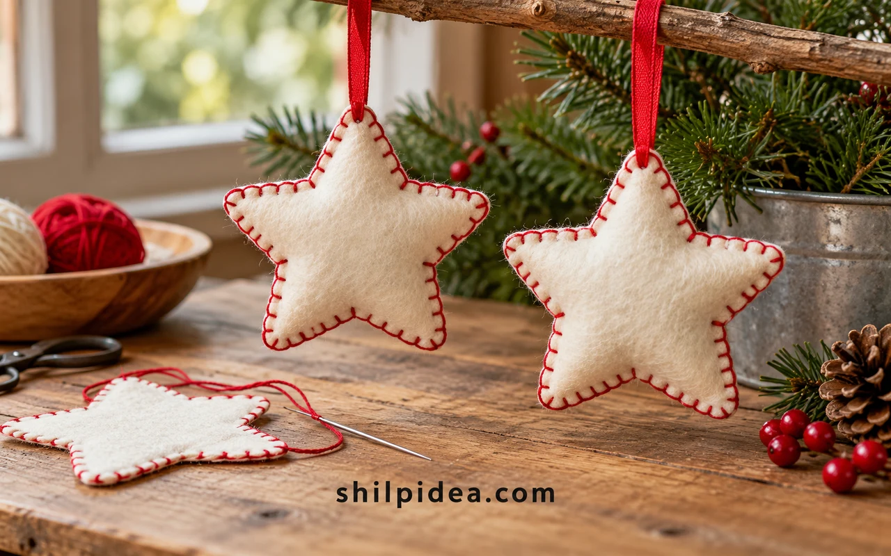 Illustrative hand-stitched felt star ornaments with ribbon loops