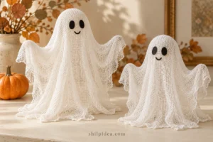 Concept illustration of two freestanding airy cheesecloth ghosts with optional black felt eyes and softly pooled hems.