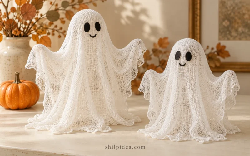Concept illustration of two freestanding airy cheesecloth ghosts with optional black felt eyes and softly pooled hems.