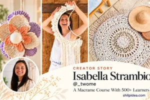 Isabella Strambio with her macrame moon wall hanging, flower lampshade, and round rug, alongside a headline about her course reaching 500+ learners.