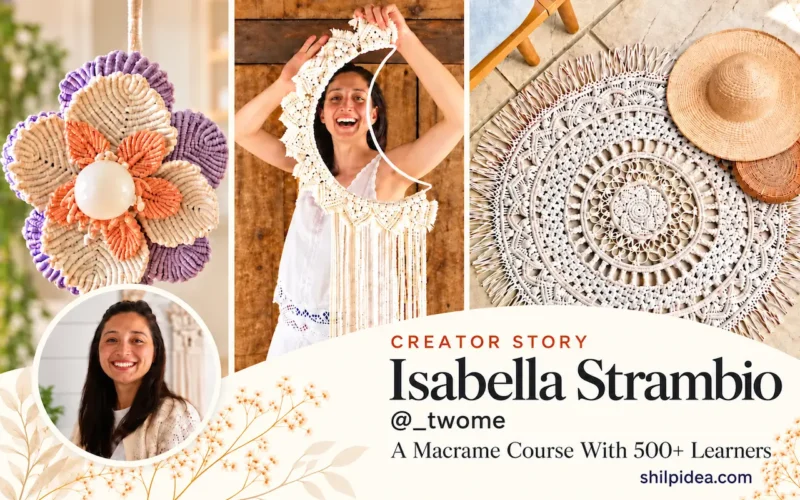 Isabella Strambio with her macrame moon wall hanging, flower lampshade, and round rug, alongside a headline about her course reaching 500+ learners.