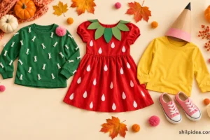 Illustrative cactus, strawberry, and pencil outfits made from everyday clothes.