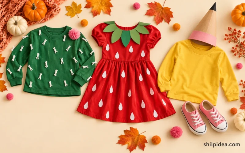 Illustrative cactus, strawberry, and pencil outfits made from everyday clothes.