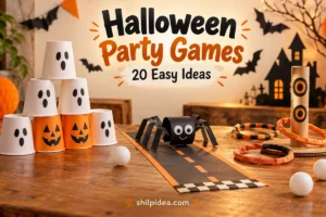 Concept illustration of ghost-face cups, a paper spider racetrack and a cardboard ring-toss game on a Halloween table.