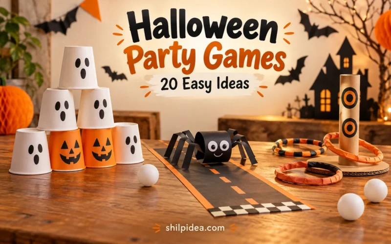 Concept illustration of ghost-face cups, a paper spider racetrack and a cardboard ring-toss game on a Halloween table.