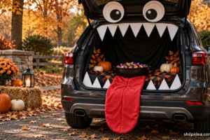 Illustrative parked SUV trunk decorated as a friendly cardboard monster.