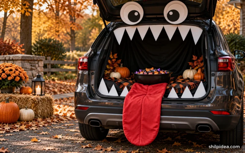 Illustrative parked SUV trunk decorated as a friendly cardboard monster.