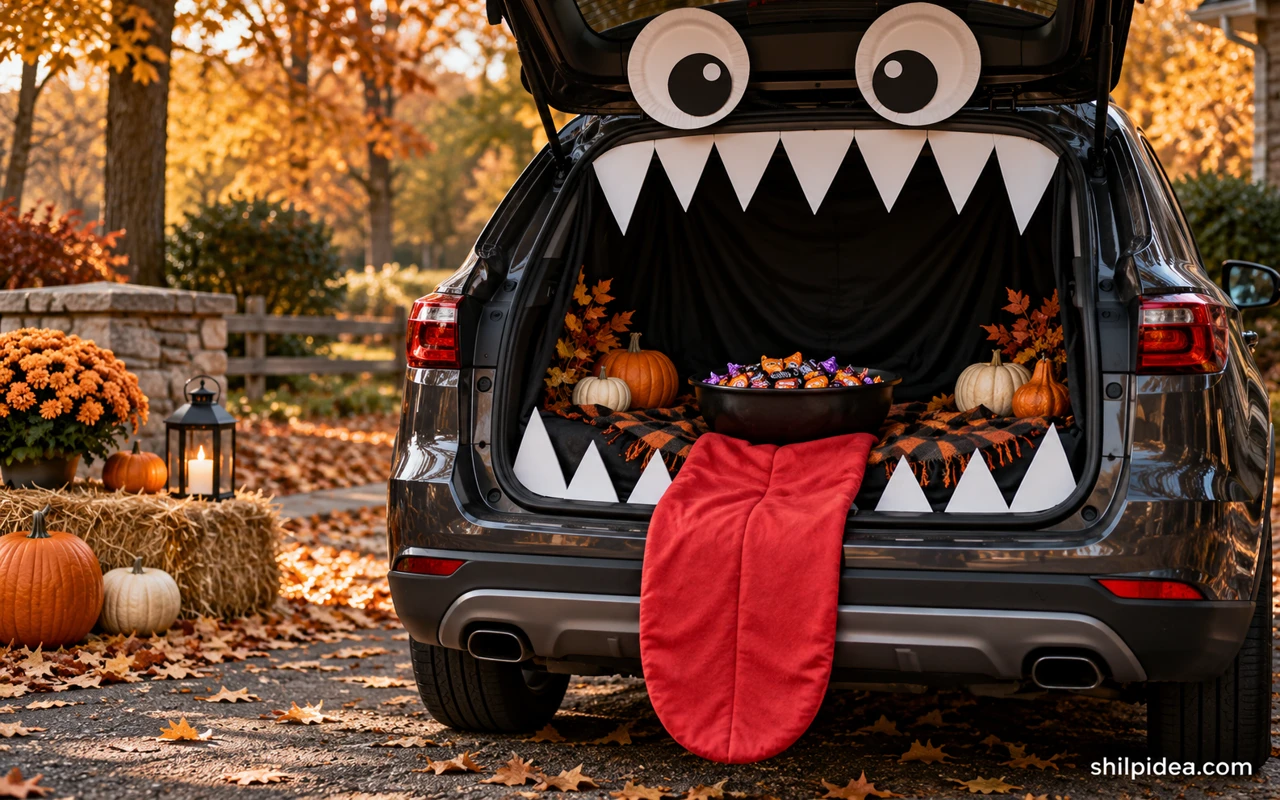 Illustrative parked SUV trunk decorated as a friendly cardboard monster.
