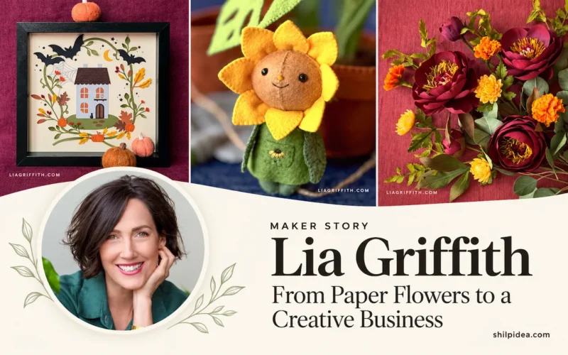 Lia Griffith’s portrait beside her paper flower designs, with her name and Maker Story branding.