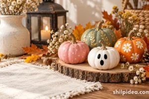 Illustration of small painted pumpkins with floral, dotted, and ghost designs on an autumn table.