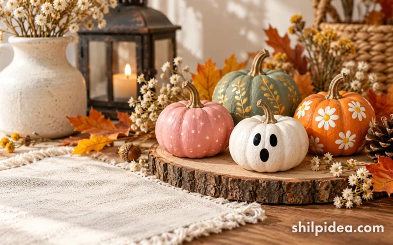 Illustration of small painted pumpkins with floral, dotted, and ghost designs on an autumn table.