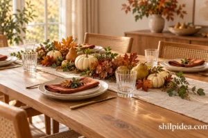 Illustrative natural Thanksgiving table with cream pumpkins, autumn foliage, pears and rust linen napkins.
