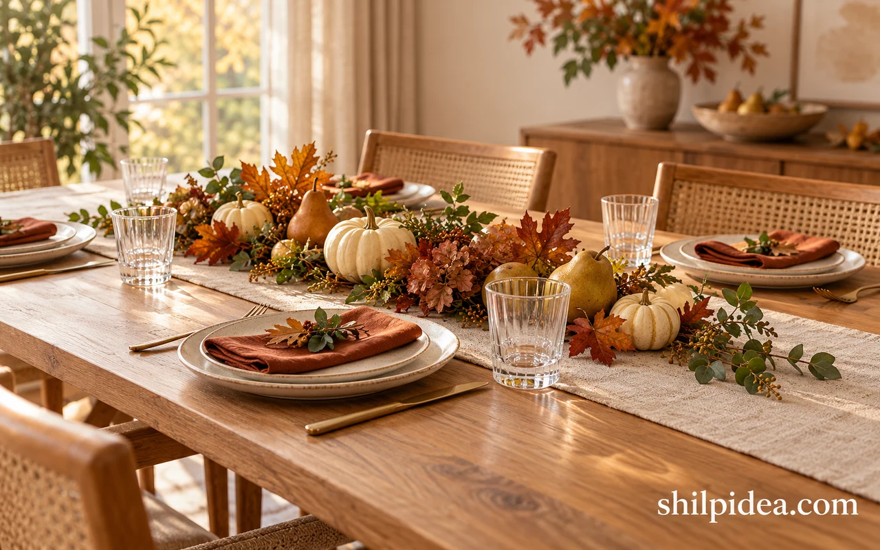 Illustrative natural Thanksgiving table with cream pumpkins, autumn foliage, pears and rust linen napkins.