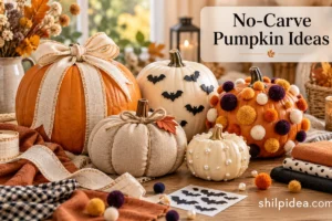 Illustrative fall table with pumpkins decorated with ribbon, linen fabric, bat stickers, pom-poms, and pearl embellishments.