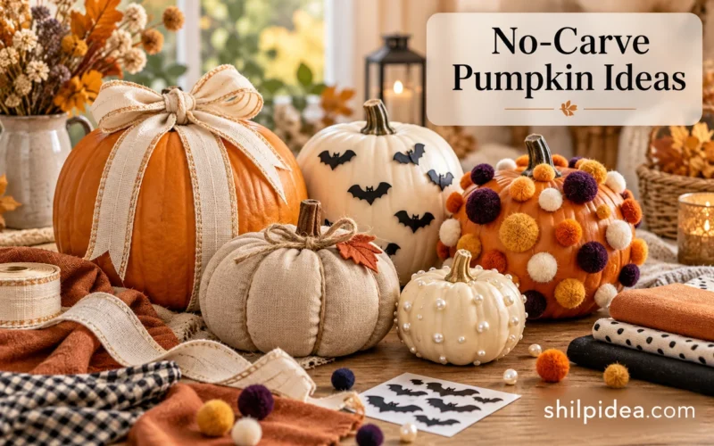 Illustrative fall table with pumpkins decorated with ribbon, linen fabric, bat stickers, pom-poms, and pearl embellishments.