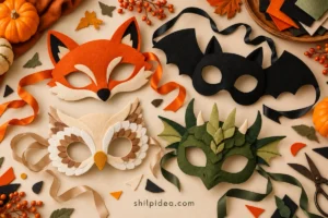 Concept illustration of fox, bat, owl and dragon felt masks with ribbon on an ivory craft table.