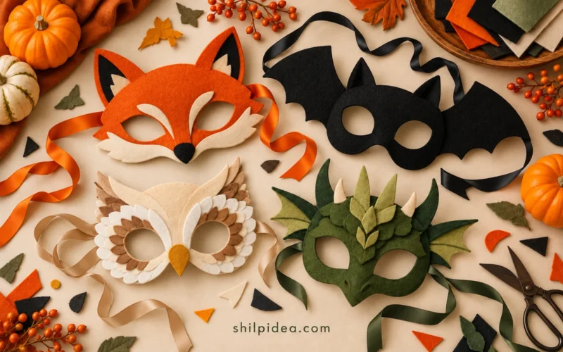 Concept illustration of fox, bat, owl and dragon felt masks with ribbon on an ivory craft table.