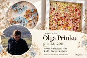 Olga Prinku’s portrait beside her hydrangea embroidery and colorful botanical tapestry, with prinku.com and Creator Story branding.