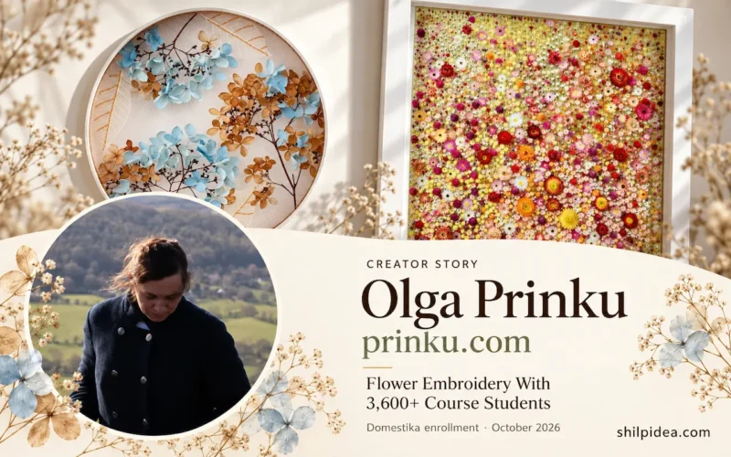 Olga Prinku’s portrait beside her hydrangea embroidery and colorful botanical tapestry, with prinku.com and Creator Story branding.