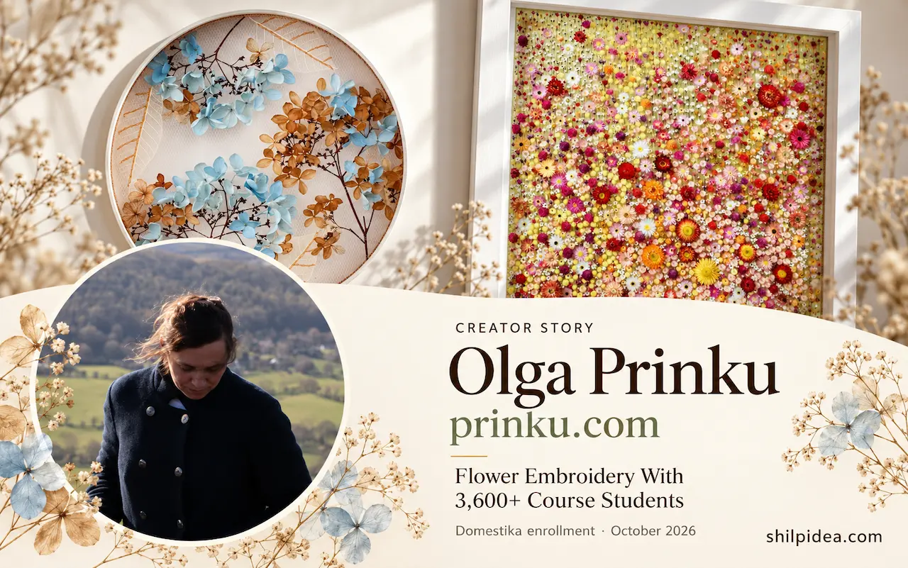Olga Prinku’s portrait beside her hydrangea embroidery and colorful botanical tapestry, with prinku.com and Creator Story branding.