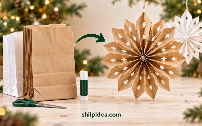 White and kraft paper bag snowflakes hanging above a console decorated with Christmas greenery.