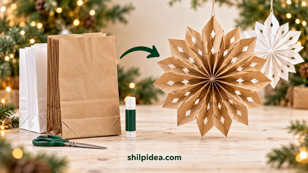 White and kraft paper bag snowflakes hanging above a console decorated with Christmas greenery.