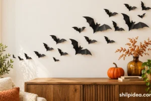 Illustration of black paper bats sweeping above a console with autumn decorations.