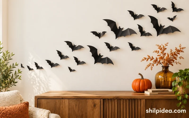 Illustration of black paper bats sweeping above a console with autumn decorations.