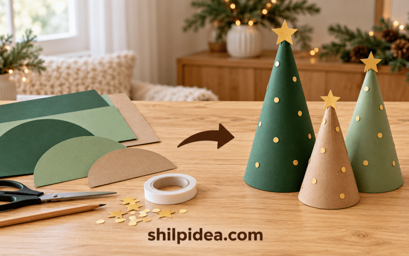 Three cone-shaped paper Christmas trees in green, sage, and kraft brown, decorated with gold dots and stars on a wooden shelf.